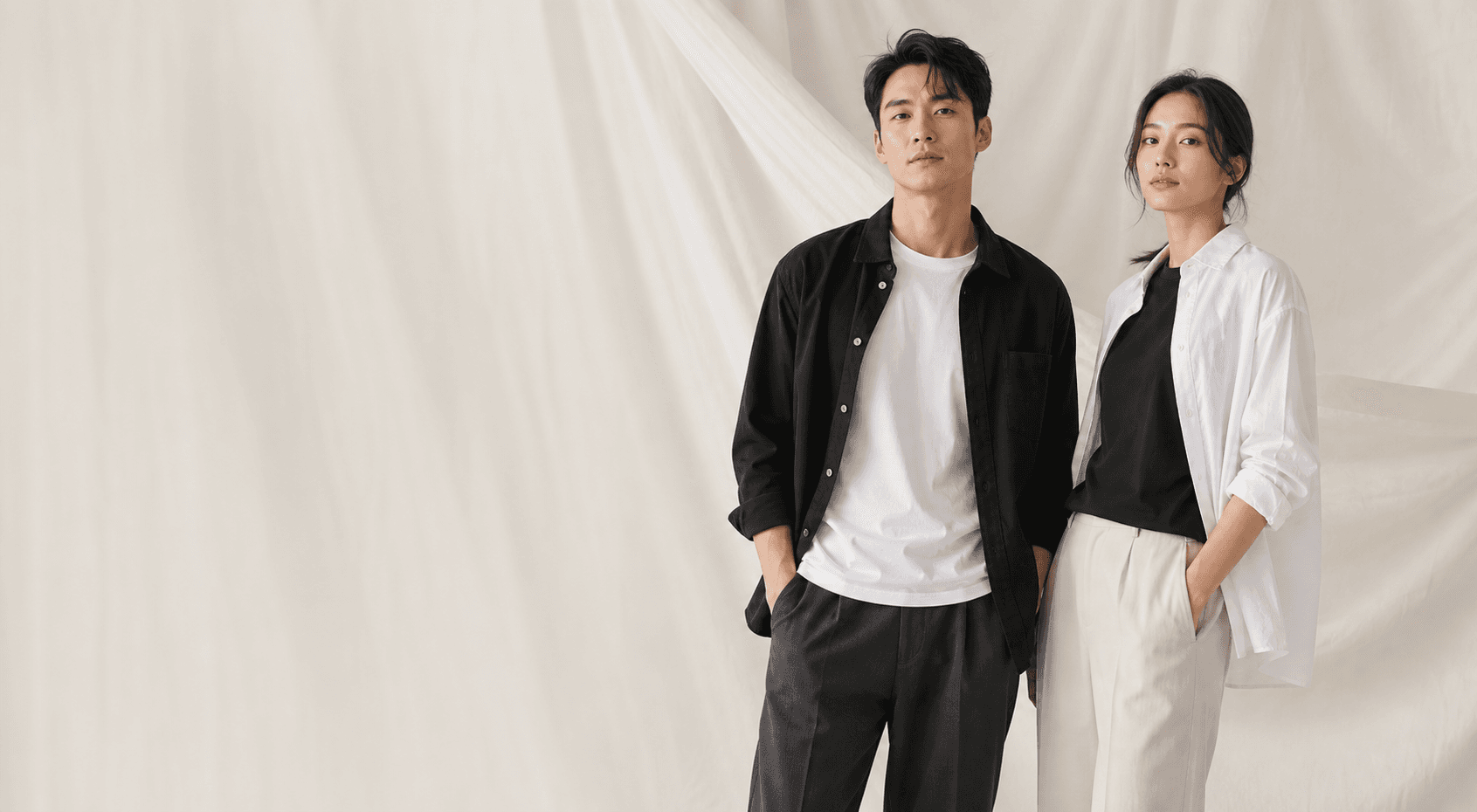 Hai người mẫu mặc đồ basic trắng đen trong studio tối giản